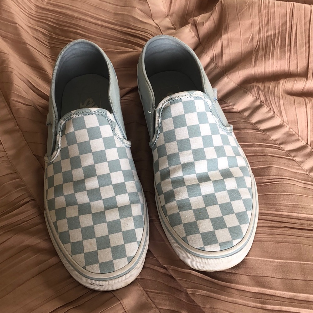 Checkered baby blue vans